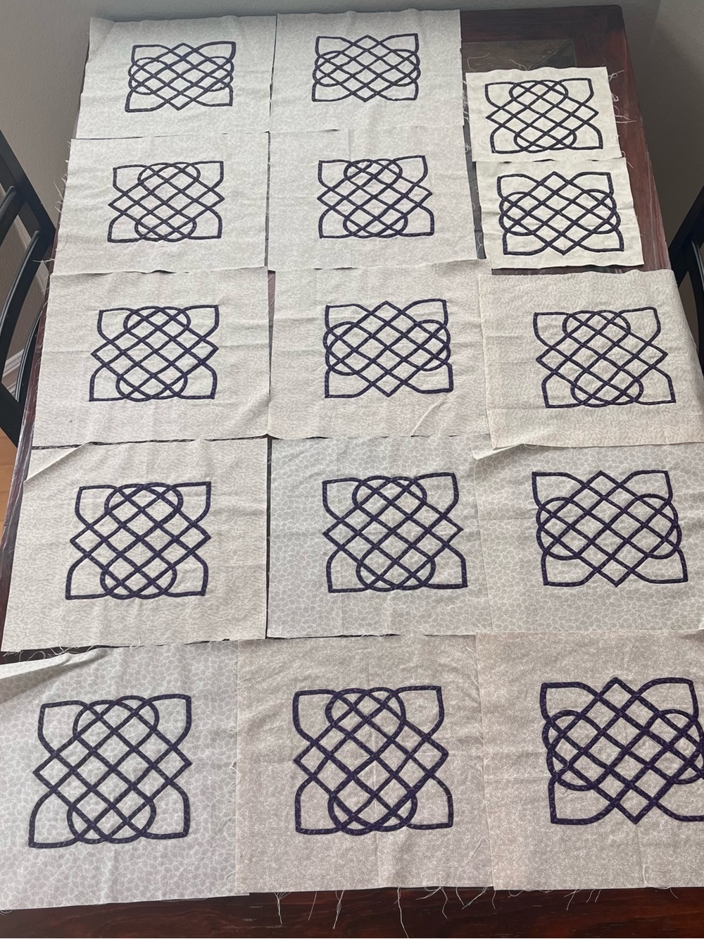 15 FINISHED QUILT Blocks In Celtic Design, (14) 13.5”, (2) 10”, Bias Tape